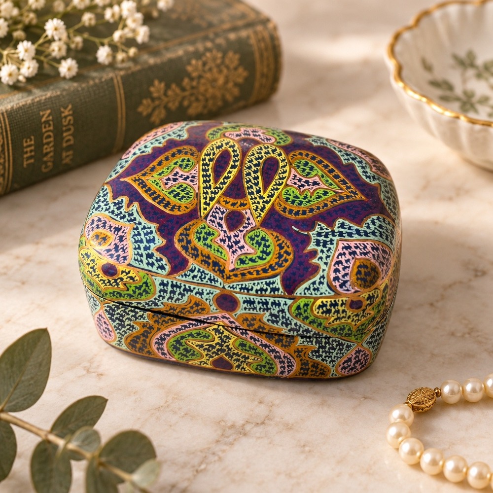 Hand Painted Papier Mache Trinket Box Persian Floral Paisley Jewelry Case Purple